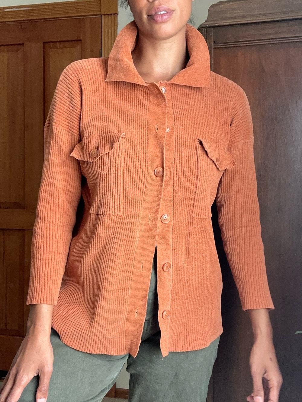 Chenile cardigan sweater in pumpkin